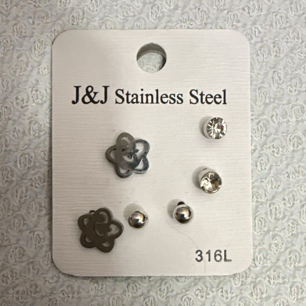 Stainless Steel Stud Earring Set  | Flower | 3 Pair | Hypoallergenic